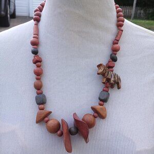 Vintage African Carved Wood Zebra Necklace
